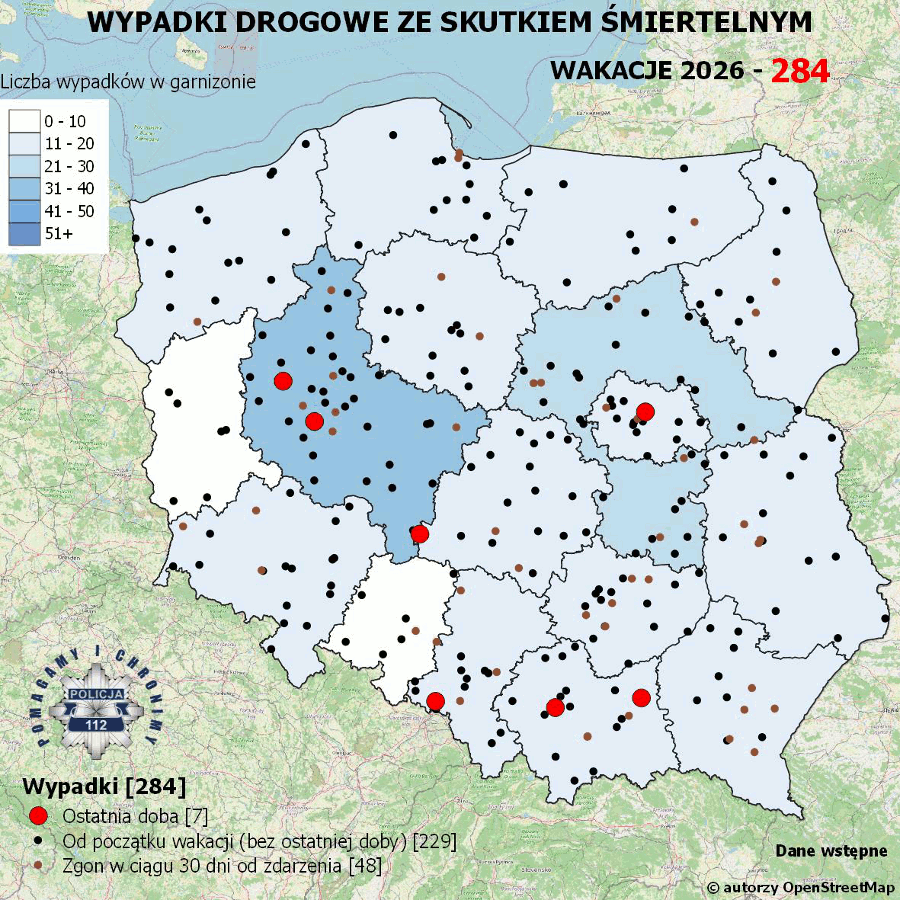 Mapa prezentująca liczbę wypadków poprzedniej doby w Polsce. Prezentowane dane są dostępne w tekście poniżej.