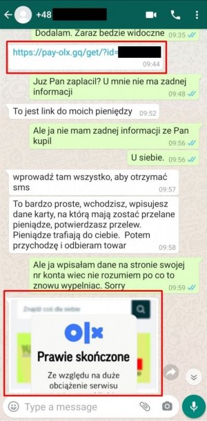 korespondencja dotycząca zakupu przedmiotu na portalu olx