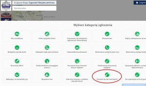 zrzut ekranu aplikacji Krajowa Mapa Zagrożeń Bezpieczeństwa, na którym widać wybór kategorii zgłoszenia, w tym kategorii dotyczącej znęcania się nad zwierzętami