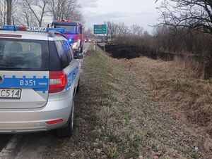 Na zdjęciu radiowóz oraz wozy strażackie na akcji gaśniczej spowodowanej wypalaniem traw