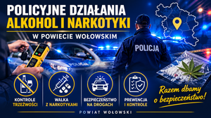 na zdjęciu widzimy grafikę z napisem podsumowanie policyjnych działań wołowskich policjantów " alkohol i narkotyki"
