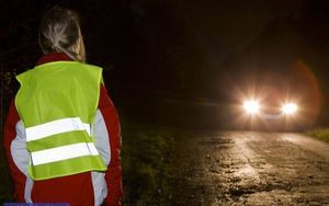 kobieta idąca po zmroku w kamizelce odblaskowej