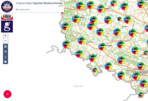 zrzut ekranu z aplikacji Krajowa Mapa Zagrożeń Bezpieczeństwa przedstawiający województwo dolnośląskie na mapie Polski z zaznaczonymi w kółkach zgłoszonymi przez obywateli miejscami występowania zagrożeń