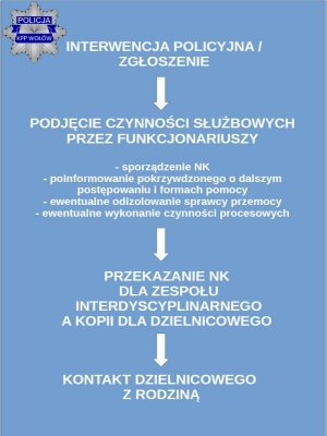 schemat postępowania Policji w sytuacji przemocy w rodzinie, w którym zawarto treści umieszczone w komunikacie